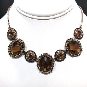 Vintage Topaz Aurora Borealis Rhinestone Copper Tone Choker Necklace 16”